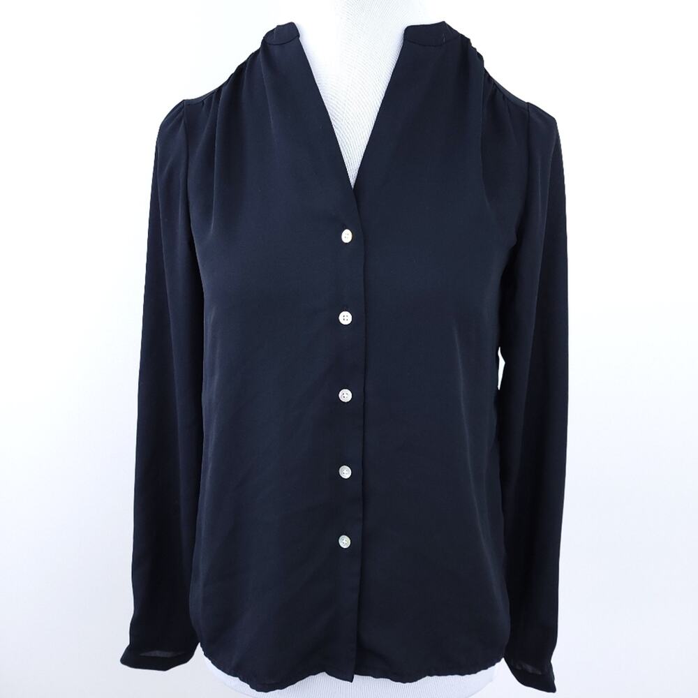 A New Day Black Button Up Shirt Dressy, Career, XS, Pleated Back Long Sleeve